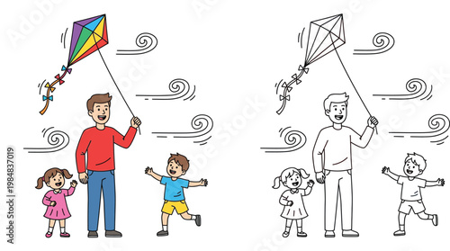 Happy father flying a kite with his children on a windy day, color and outline coloring page for kids vector illustration