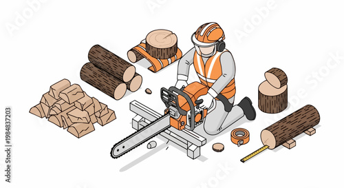 Isometric Illustration of a Lumberjack Using a Chainsaw to Cut Wood Logs, Professional Forestry and Industrial Woodworking Concept