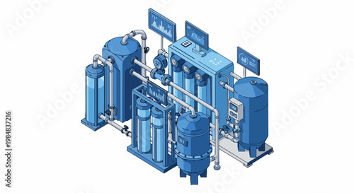 Isometric Industrial Water Treatment and Purification Plant Illustration with Digital Monitoring Dashboards