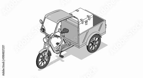 Isometric Cargo Tricycle with Roof and Large Delivery Box for Sustainable Urban Logistics and Eco-Friendly Last-Mile Transportation
