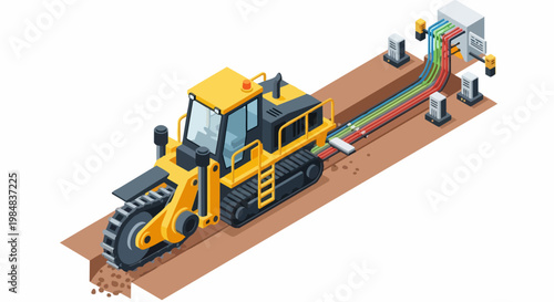 Isometric Vector Illustration of a Trenching Machine Installing Fiber Optic Cables for High-Speed Internet Infrastructure and Telecommunications