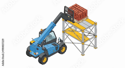 Isometric Blue Telehandler Lifting Pallet of Red Bricks onto Scaffolding - Industrial Construction Machinery Illustration Isolated on White Background