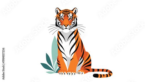Majestic orange tiger sits proudly among tropical green leaves in a clean and modern illustration representing nature and wild animals.