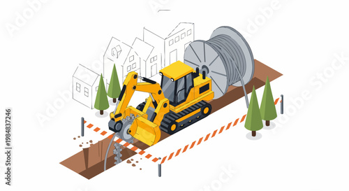Isometric Illustration of Fiber Optic Cable Laying Machine Digging Trench for High-Speed Internet Installation in Residential Area