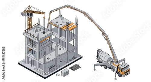 Isometric View of a Building Construction Site with Tower Crane and Concrete Pump Truck, Industrial Infrastructure and Urban Development Concept Illustration