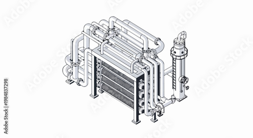 Isometric Industrial Piping System and Heat Exchanger Unit Technical Illustration