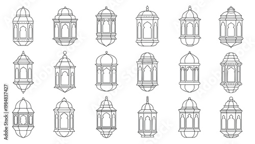 Large collection of Arabic lantern or fanous line art sketches shows a variety of traditional and ornate designs for Ramadan and Eid.