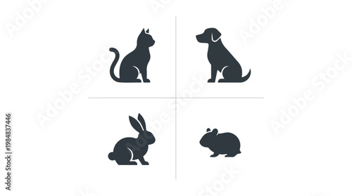 Collection of silhouette icons representing common domestic pets including a cat, dog, rabbit, and hamster