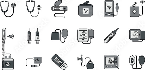 Medical Diagnostic Tool Icon Set with Blood Pressure Monitors Stethoscopes Syringes and Digital Health Measurement Devices for Clinical Software Healthcare Apps and Hospital Information Systems