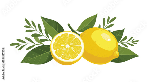 Fresh whole lemon and a juicy halved slice are arranged with green leaves in a bright and vibrant citrus botanical nature illustration.