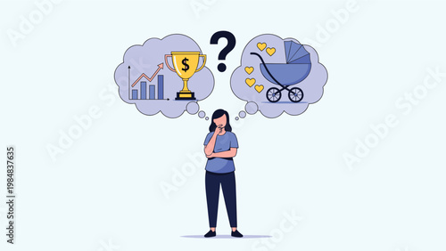 Thoughtful woman standing between career achievements and family life symbols representing the common struggle for a work life balance.