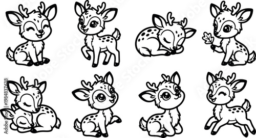 Black and white cartoon line art cute deer collection with playful and sleeping poses
