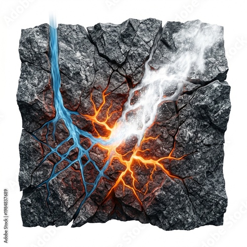 Abstract Illustration Of Water And Lava Interacting Within Cracked Rock With Steam Erupting In A Scientific Concept Style