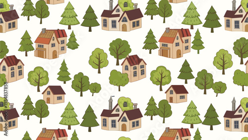 Cute village landscape pattern featuring small houses and various green trees on a cream background for charming fabric and gift wraps.