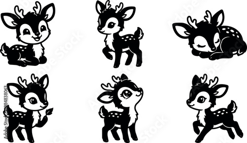 Black and white cute cartoon baby deer collection vector art