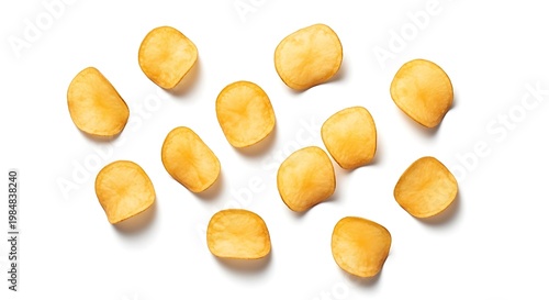 top view potato chips scattered isolated on white background