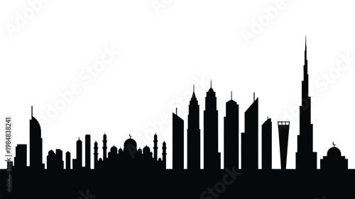 A striking black silhouette of a modern city skyline against a white background