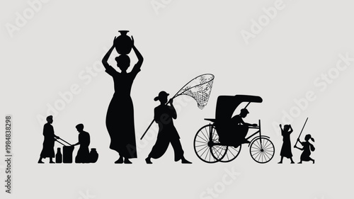 Silhouettes of people and a rickshaw create a striking minimalistic scene