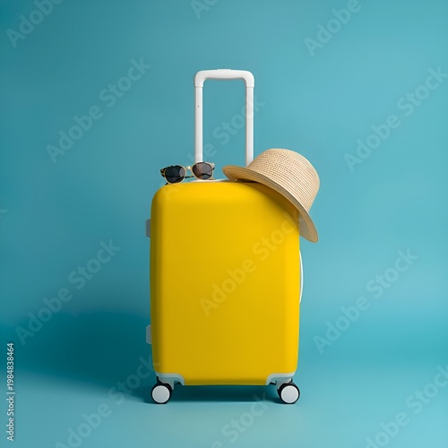 Minimal Summer Travel Scene – Yellow Suitcase with Straw Hat and Sunglasses on Blue Background