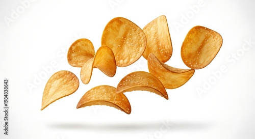 floating potato chips isolated on white background, crispy slices in motion