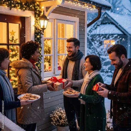Happy family celebrating Christmas with gifts in a cozy cafe restaurant setting smiling and enjoying coffee together