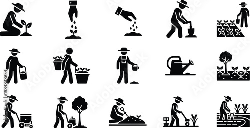 Gardening and farming icons: planting watering harvesting seedling tools with water can, gardening