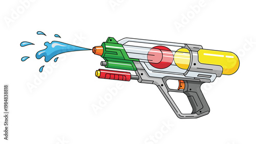 Plastic water gun toy in green yellow and red colors shooting a splash of water for summer fun and outdoor recreational games with children.