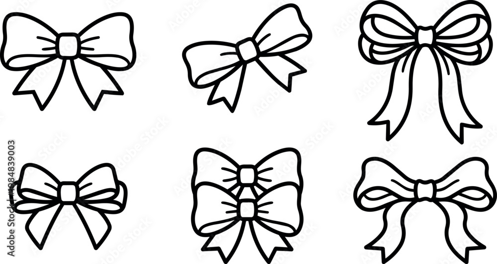 Obraz premium Black and white line art six different decorative bow ribbon illustrations