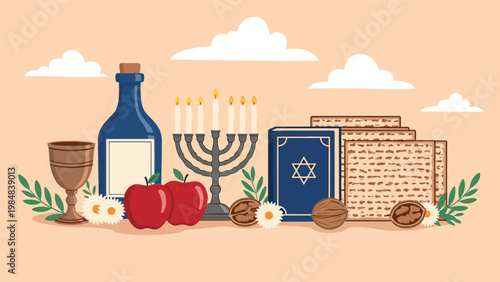 Collection of Jewish holiday items including a menorah matzah wine bottle apples and a prayer book for traditional religious celebrations.