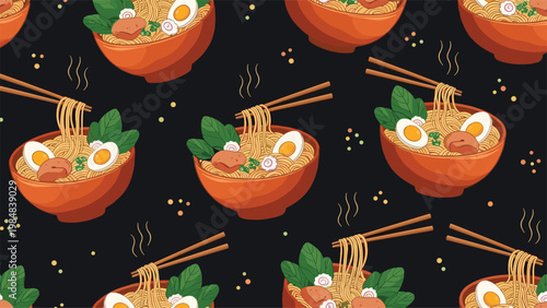Delicious seamless pattern of ramen bowls with noodles eggs and meat served with chopsticks on a dark background for food lovers.