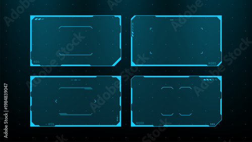 Set of blue hud vector graphics frames for digital interface design. Futuristic technological screen elements for monitor display. User interface dashboard layout for cyber system.