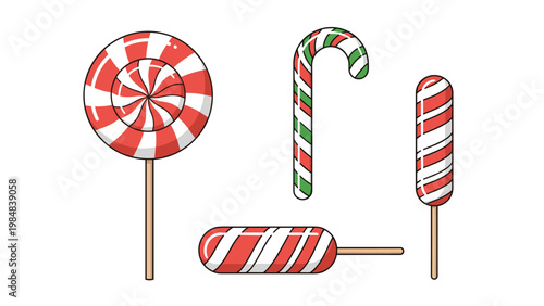 Set of various red and white striped candies and lollipops including a large round lollipop and a candy cane for sweet holiday themes.