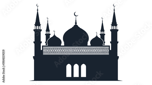 Dark silhouette of a majestic mosque with several domes and tall minarets against a white background for religious and cultural themes.