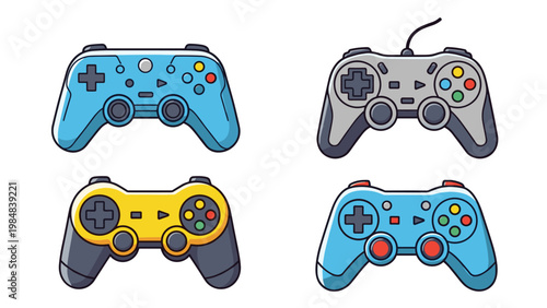 Set of four different video game controllers in various colors including blue grey and yellow for gaming and technology themes.