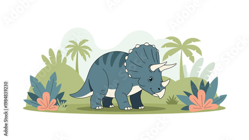 Friendly triceratops dinosaur illustration in a prehistoric landscape with palm trees and hills for children's educational content.