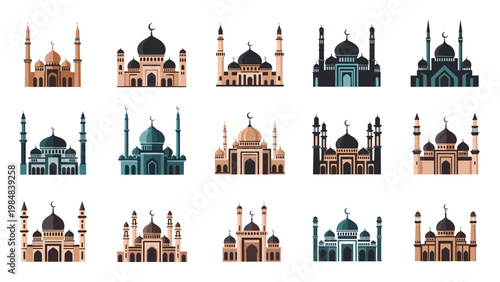 Collection of fifteen various mosque icons in different architectural styles and colors for religious and cultural graphic design projects.