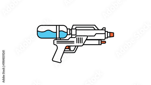 Simple line art illustration of a plastic water gun toy with a blue water tank for summer fun play and outdoor activities for children.