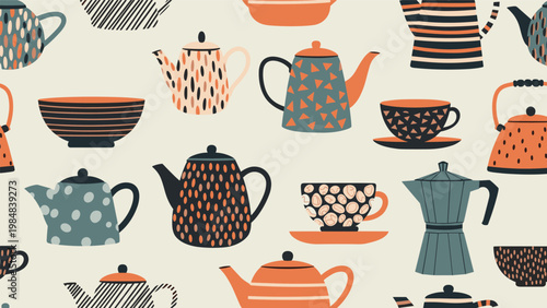 Charming seamless pattern of various teapots and teacups with different patterns and colors for kitchen decor and tea party themes.