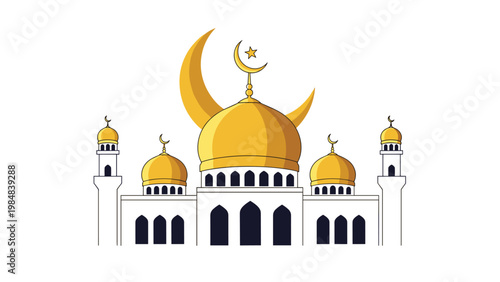 Beautiful mosque illustration with large golden domes and crescent moons standing against a white background for Islamic celebrations.