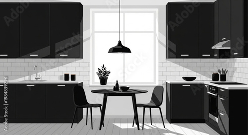 Modern dining table with two chairs and potted plant.