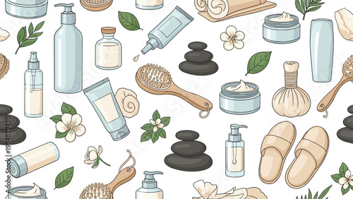 Seamless pattern featuring various spa and beauty products like lotions, creams, brushes, slippers, and massage stones on white.