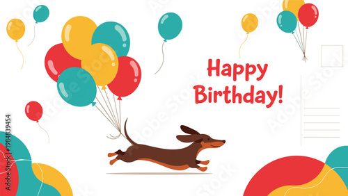 Cute brown dachshund dog running and flying with a large bunch of colorful balloons for a happy birthday celebration card.