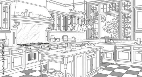 Modern kitchen interior with central island and cabinetry.