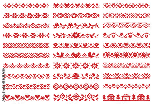 Red Slavic Folk Embroidery Borders Set, Traditional Ethnic Cross Stitch Patterns with Hearts and Flowers for Festive Decor