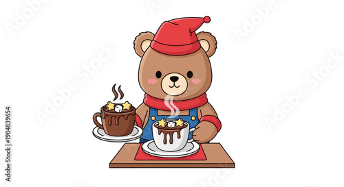 Funny cartoon character chef dog and cow celebrating a winter Christmas holiday with a Santa hat and festive cake vector illustration art