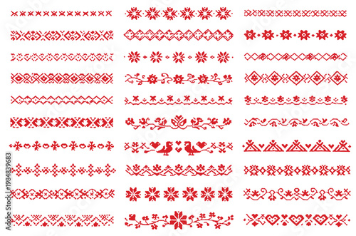 Red Traditional Slavic Folk Embroidery Borders Set, Ethnic Cross Stitch Floral Ornaments and Geometric Patterns for Textile Design