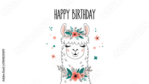 Cute white llama with a flower crown and a floral necklace for a happy birthday celebration on a white background.