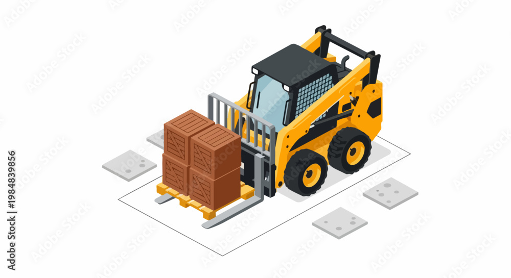 Naklejka premium Isometric Yellow Skid Steer Loader with Forklift Attachment Carrying Wooden Crates on a Pallet, Industrial Construction and Warehouse Equipment Illustration