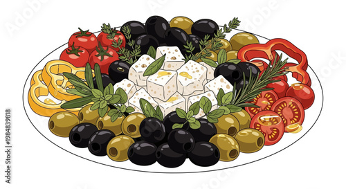 Fresh Greek salad with olives, feta cheese, and ripe red tomatoes served as a healthy vegetable appetizer on a white plate