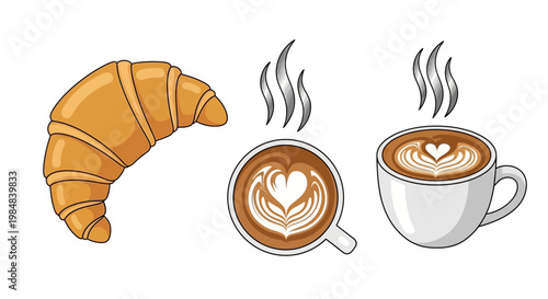 A delicious breakfast vector illustration set featuring a brown croissant pastry and a cup of coffee with sweet bakery icons for a snack meal design